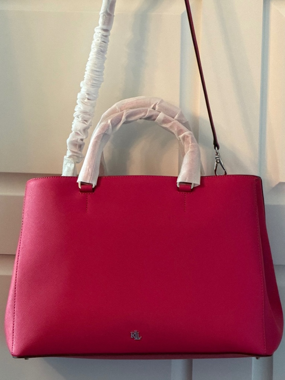 NWT Lauren Ralph Lauren Crosshatch Leather Large Hannah Satchel in Sport Pink